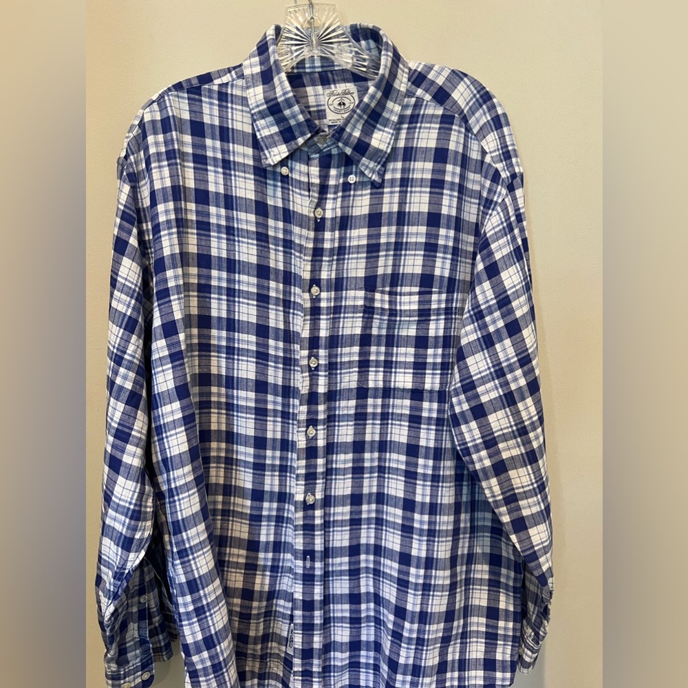 Brooks Brothers Button Front Oxford Check Long Sleeve Sport Shirt Blue Size L